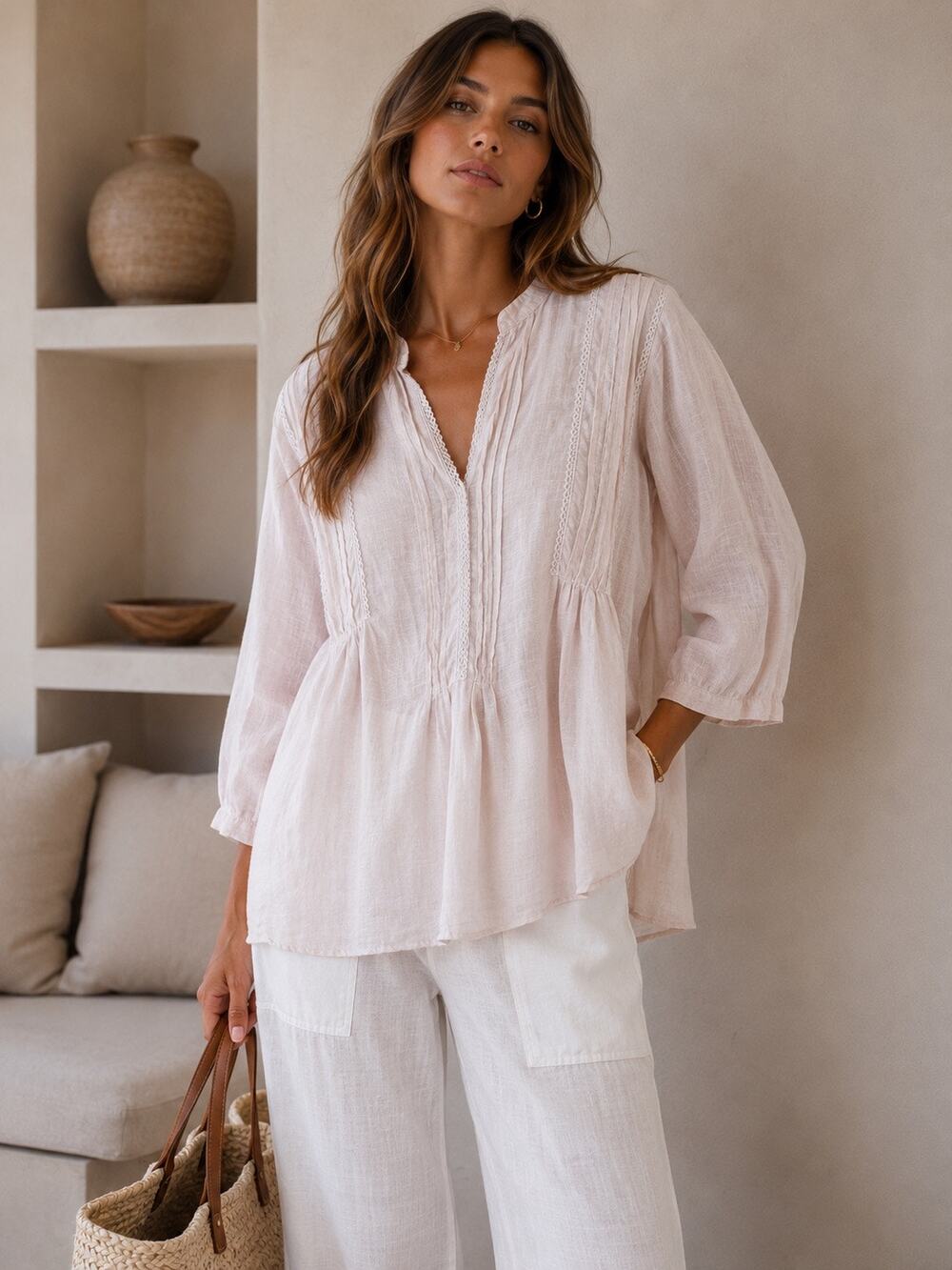 CP Shades Yoko Linen 3/4 Sleeve Pleated Tunic Blouse Light Pink Women's Medium